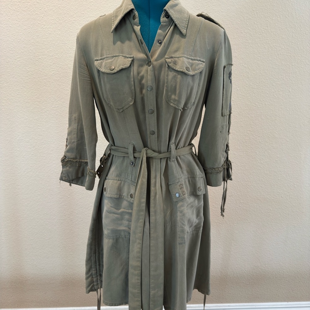 Da-Nang 100% Silk Olive Belted Cargo Dress, XS